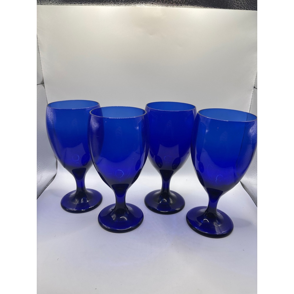 VTG Set of 4 Cobalt Blue Glass Goblets Stemmed Water Wine Glasses 7 inch